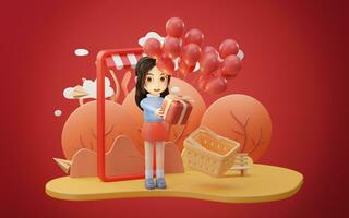 Little girl with shopping theme with cartoon style, 3d rendering. photo