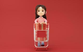 Little girl with shopping theme with cartoon style, 3d rendering. photo