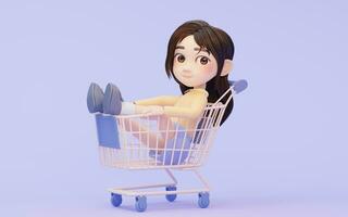 Little girl with shopping theme with cartoon style, 3d rendering. photo