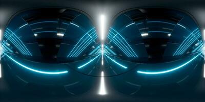 Dark tunnel with glowing light illuminated, 3d rendering. 360-degree seamless panoramic view. photo