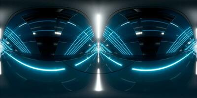 Dark tunnel with glowing light illuminated, 3d rendering. 360-degree seamless panoramic view. photo