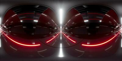 oscuro túnel con brillante ligero iluminado, 3d representación. 360 grados sin costura panorámico vista. foto