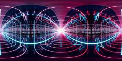 Dark tunnel with glowing light illuminated, 3d rendering. 360-degree seamless panoramic view. photo