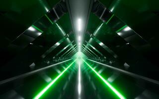 oscuro túnel con brillante ligero iluminado, 3d representación. foto