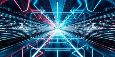 Dark tunnel with glowing light illuminated, 3d rendering. photo