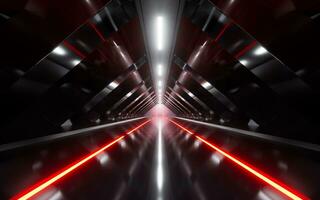 oscuro túnel con brillante ligero iluminado, 3d representación. foto