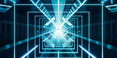 Dark tunnel with glowing light illuminated, 3d rendering. photo