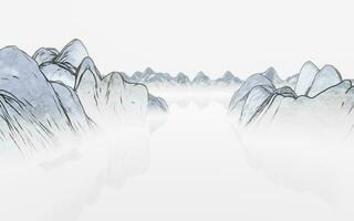 Ink wash painting of mountains, 3d rendering. photo