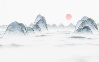 Ink wash painting of mountains, 3d rendering. photo