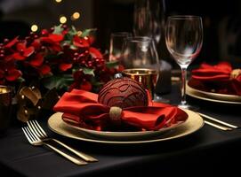 A plate with decorations on table for Christmas time photo