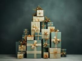 Navidad árbol desde verde y oro regalo cajas foto