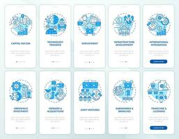 2D blue icons representing foreign direct investment mobile app screen set. Walkthrough 5 steps colorful graphic instructions with linear concepts, UI, UX, GUI template. vector