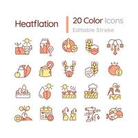 Editable color icons set representing heatflation, isolated vector, global warming impact thin line illustration. vector