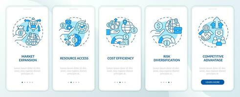 Blue linear icons representing foreign direct investment mobile app screen set. 5 steps editable graphic instructions, UI, UX, GUI template. vector