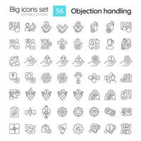 Objection handling linear icons set. Sales negotiation. Successful deal. Potential customer. Build trust. Customizable thin line symbols. Isolated vector outline illustrations. Editable stroke