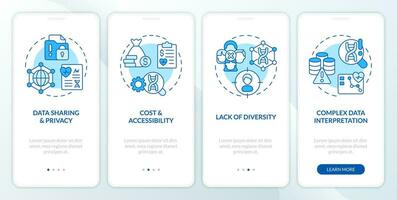 Challenges and limitations blue onboarding mobile app screen. Genetics walkthrough 4 steps editable graphic instructions with linear concepts. UI, UX, GUI template vector