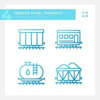 Rail wagon pixel perfect gradient linear vector icons set. Train carriage. Railroad car. Freight shipping. Thin line contour symbol designs bundle. Isolated outline illustrations collection