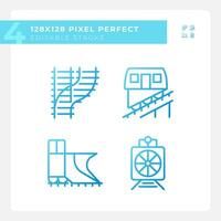 Railway vehicle pixel perfect gradient linear vector icons set. Railroad car. Train transport. Locomotive engine. Thin line contour symbol designs bundle. Isolated outline illustrations collection