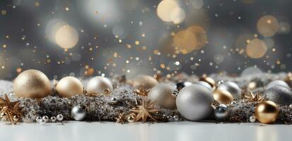 A snow background with christmas balls and cones photo