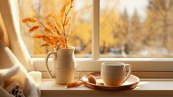 Autumn beige cozy background with cup of coffee photo