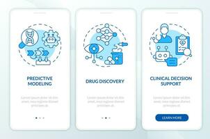 AI and ML in precision medicine blue onboarding mobile app screen. Walkthrough 3 steps editable graphic instructions with linear concepts. UI, UX, GUI template vector