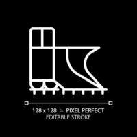 Snowplow train pixel perfect white linear icon for dark theme. Steam engine. Railroad snow removal equipment. Rail cleaning. Thin line illustration. Isolated symbol for night mode. Editable stroke vector