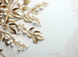 abeto ramas con oro y blanco adornos en un blanco antecedentes foto