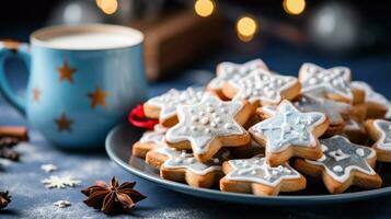 Tasty homemade Christmas cookies on blue plate photo