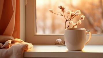 A warm cup of coffee is sitting on the window sill, in the style of warm color palette photo