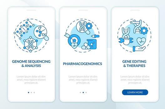 Genomic medicine blue onboarding mobile app screen. Genes study walkthrough 3 steps editable graphic instructions with linear concepts. UI, UX, GUI template vector