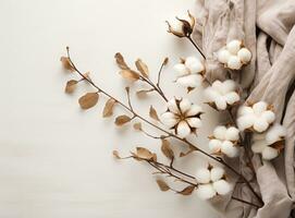 algodón y hojas en blanco antecedentes plano laico estilo foto