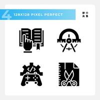 STEM related subjects pixel perfect black glyph icons set on white space. Alternative techniques of learning. Education progress. Silhouette symbols. Solid pictogram pack. Vector isolated illustration