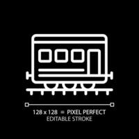 Passenger railroad carriage pixel perfect white linear icon for dark theme. Railway car. Train wagon. Compartment coach. Thin line illustration. Isolated symbol for night mode. Editable stroke vector