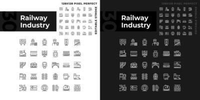 Railway industry pixel perfect linear icons set for dark, light mode. Railroad company. Rail transport. Train station. Thin line symbols for night, day theme. Isolated illustrations. Editable stroke vector