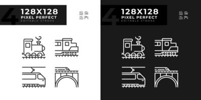 Locomotive pixel perfect linear icons set for dark, light mode. Train engine. Rail technology. Railway transport. Thin line symbols for night, day theme. Isolated illustrations. Editable stroke vector