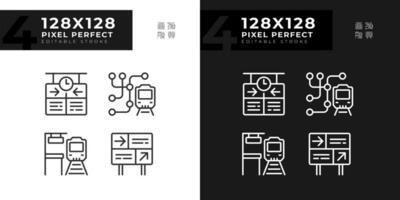 Railway station pixel perfect linear icons set for dark, light mode. Train platform. Rail travel. Transport system. Thin line symbols for night, day theme. Isolated illustrations. Editable stroke vector