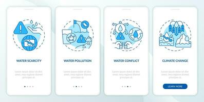 Water source threats blue onboarding mobile app screen. Dangers walkthrough 4 steps editable graphic instructions with linear concepts. UI, UX, GUI template vector