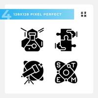 STEM impact on education pixel perfect black glyph icons set on white space. Innovative technology of research. Development. Silhouette symbols. Solid pictogram pack. Vector isolated illustration