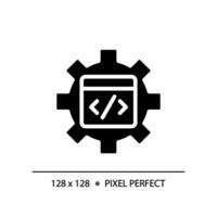 STEM in coding in pixel perfect black glyph icon. App development studying process. Programming courses for students. Silhouette symbol on white space. Solid pictogram. Vector isolated illustration