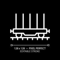Flatcar pixel perfect white linear icon for dark theme. Freight railroad car. Open platform. Shipping container. Rolling stock. Thin line illustration. Isolated symbol for night mode. Editable stroke vector
