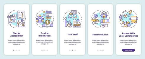 Inclusive travel experience onboarding mobile app screen. Walkthrough 5 steps editable graphic instructions with linear concepts. UI, UX, GUI template vector