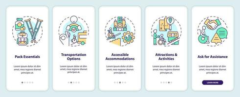 Accessible travel onboarding mobile app screen. Trip planning walkthrough 5 steps editable graphic instructions with linear concepts. UI, UX, GUI template vector