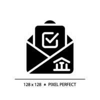 2D pixel perfect glyph style icon with checkmark and envelope representing voting, isolated vector illustration.