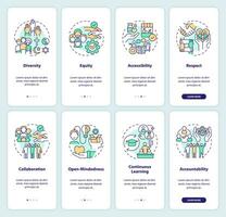 Pillars of inclusion onboarding mobile app screen set. Fair treatment walkthrough 4 steps editable graphic instructions with linear concepts. UI, UX, GUI template vector