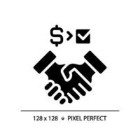 2D pixel perfect glyph style icon of people handshaking with dollar and checkmark sign, isolated vector illustration of partnership.