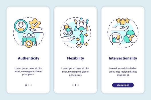 Inclusion key concepts onboarding mobile app screen. Identity centered walkthrough 3 steps editable graphic instructions with linear concepts. UI, UX, GUI template vector