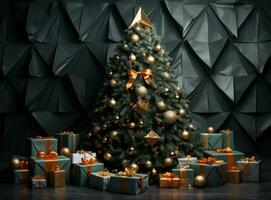 Christmas tree from green and gold gift boxes photo