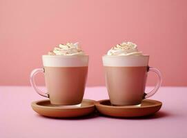 Pink pastel background with coffee cups photo