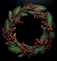 Holiday pine wreath on dark background photo