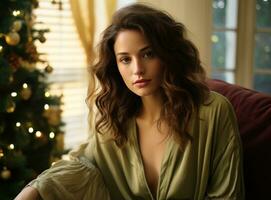 Young woman with brown hair and Christmas tree photo